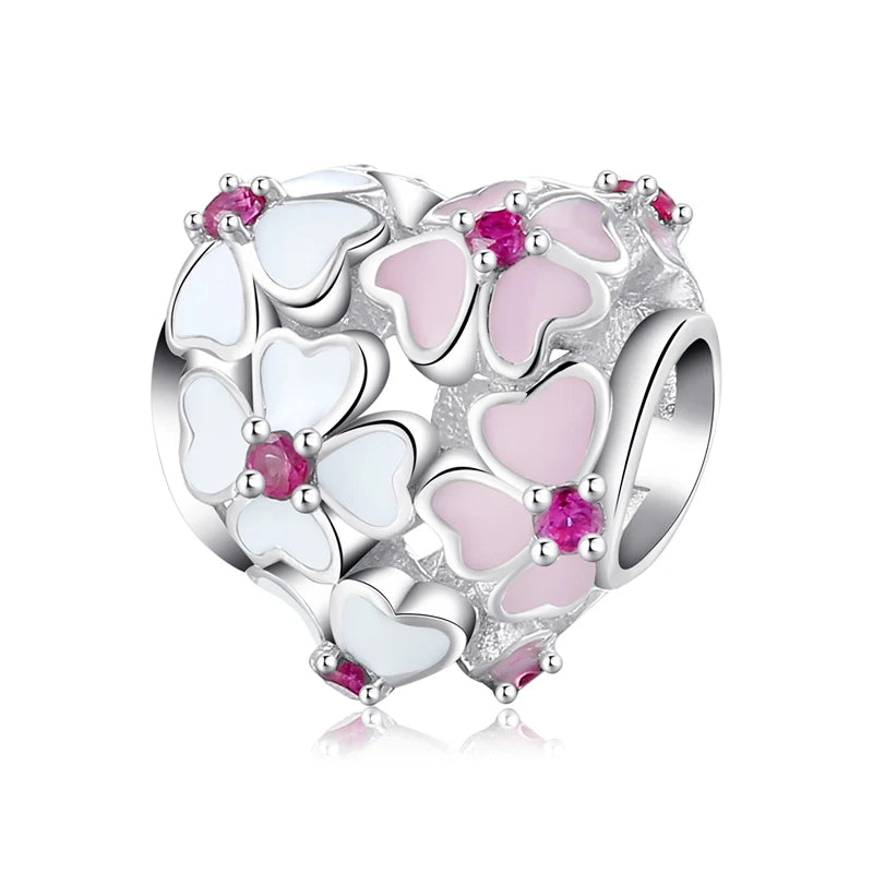 100% autentico argento sterling 925, cuore rosa, perline di zirconi trasparenti, compatibile con i charm europei originali, braccialetti e creazione di gioielli
