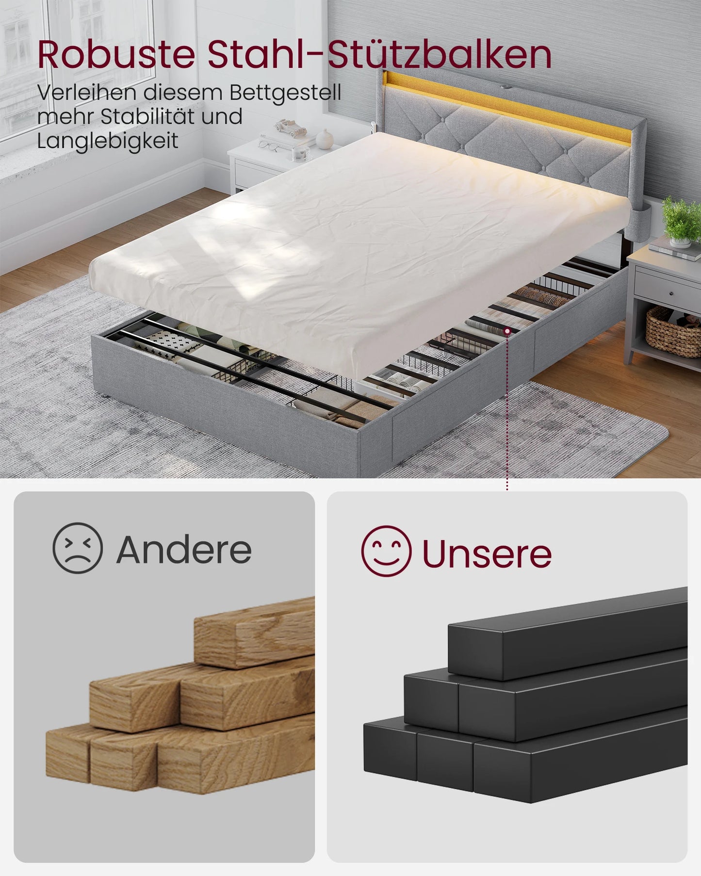 VASAGLE Letto imbottito, struttura letto matrimoniale, struttura letto, letto in metallo (LED, 4 cassetti, stazione di ricarica)