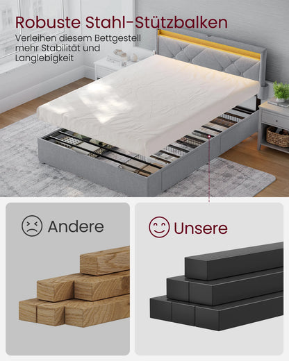 VASAGLE Letto imbottito, struttura letto matrimoniale, struttura letto, letto in metallo (LED, 4 cassetti, stazione di ricarica)
