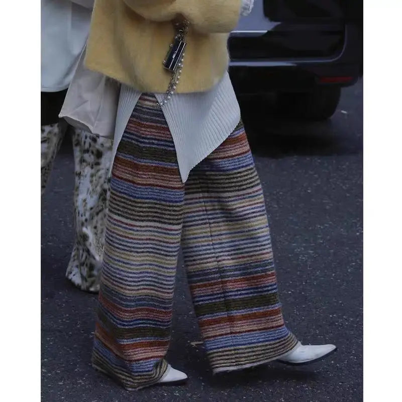 Retro Striped Contrasting Needle Long Leg Pants For Women In Autumn And Winter, New Loose Woolen Casual Fashion Pants