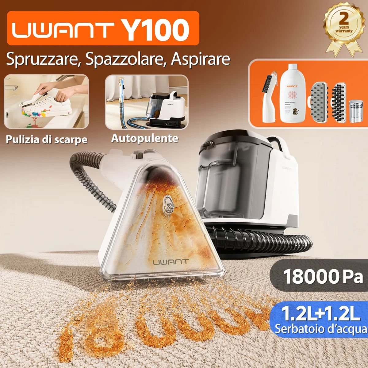 Uwant Y100 18KPa Carpet Cleaner Spray Brush Suction Portable Clean Machine for Sofa Car Shoe Pet Hair Odor Removal Self-Cleaning
