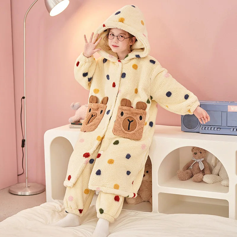 Stitch 2 pezzi pigiama in velluto Kawaii genitore-figlio Kawaii cartone animato anime bambine bambino accappatoio con cappuccio spesso caldo casual carino set di abbigliamento per la casa