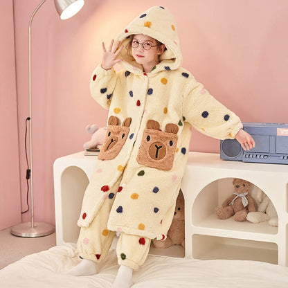 Stitch 2 pezzi pigiama in velluto Kawaii genitore-figlio Kawaii cartone animato anime bambine bambino accappatoio con cappuccio spesso caldo casual carino set di abbigliamento per la casa