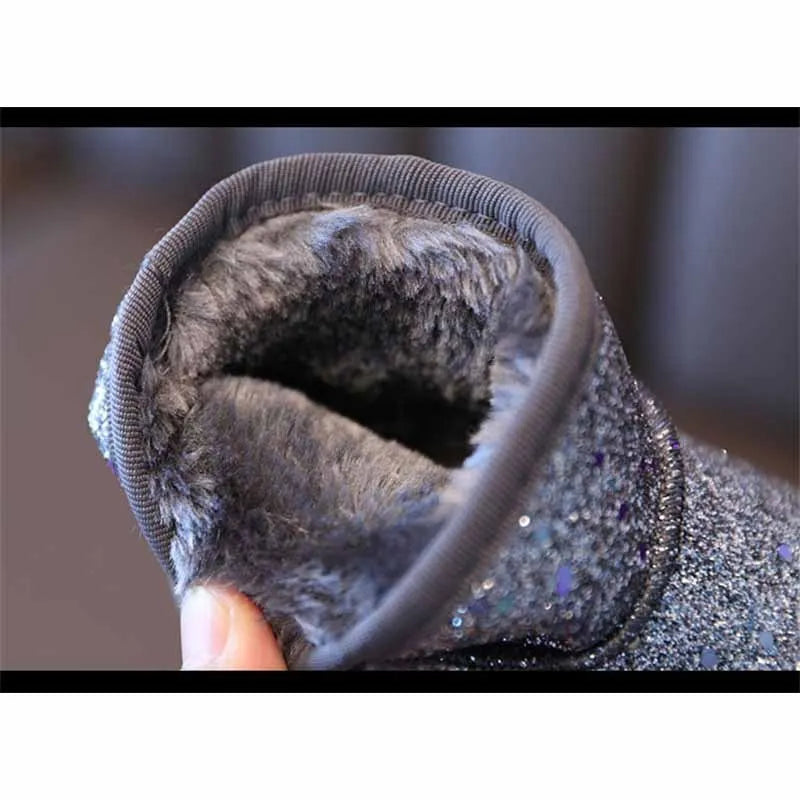 Stivali da neve invernali per bambina, scarpe con pelliccia spessa e scintillante, stivali corti per bambini, caldi, belli, eleganti, slip-on autunnali per adolescenti, scarpe con paillettes