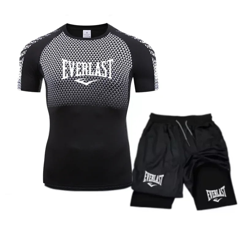 EVERLAST Maglietta a compressione da uomo + pantaloncini sportivi 2 in 1 Set 2 pezzi Tempo libero Traspirante Manica corta Sport Jogging Palestra Abbigliamento di marca Stampa