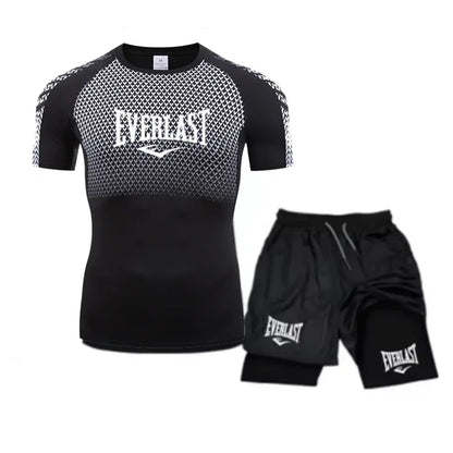 EVERLAST Maglietta a compressione da uomo + pantaloncini sportivi 2 in 1 Set 2 pezzi Tempo libero Traspirante Manica corta Sport Jogging Palestra Abbigliamento di marca Stampa