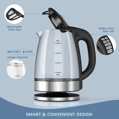 Bollitore elettrico in vetro DEVISIB, 2200W, ebollizione rapida, controllo della temperatura, mantenimento in caldo per 4 ore, 2,0 litri, ideale anche come bollitore per tè e acqua calda.