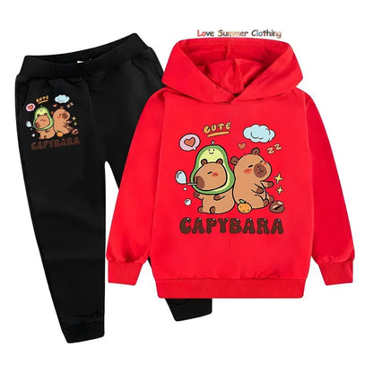 Set di 2 pezzi per bambine con felpa e pantaloni da jogging con stampa capibara, completo comodo per bambini, abbigliamento da gioco con capibara, lavabile in lavatrice, completo sportivo coordinato per tutti i giorni per ragazzi.