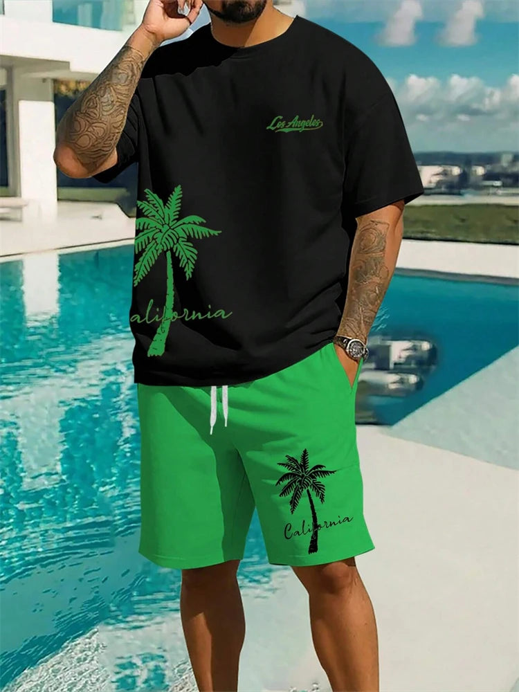Completo da uomo estivo alla moda con stampa hawaiana di cocco 2024, composto da t-shirt, pantaloncini e tuta sportiva traspirante a due pezzi con stampa 3D a maniche corte.