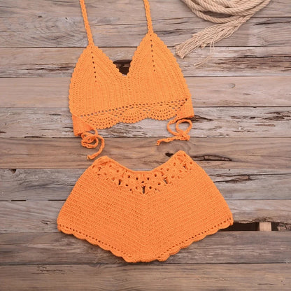 Hand-Knitted Hollow out Bikini Swimwear Beach Holiday Sand Beach Women's Two-Piece Swimsuit Lace Trim Hooked Design Outdoor Spor