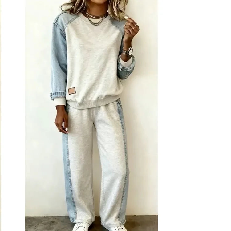 Completo sportivo autunnale invernale con maniche lunghe, scollo rotondo, pullover a maniche lunghe, felpa, pantaloni a gamba larga, set da 2 pezzi