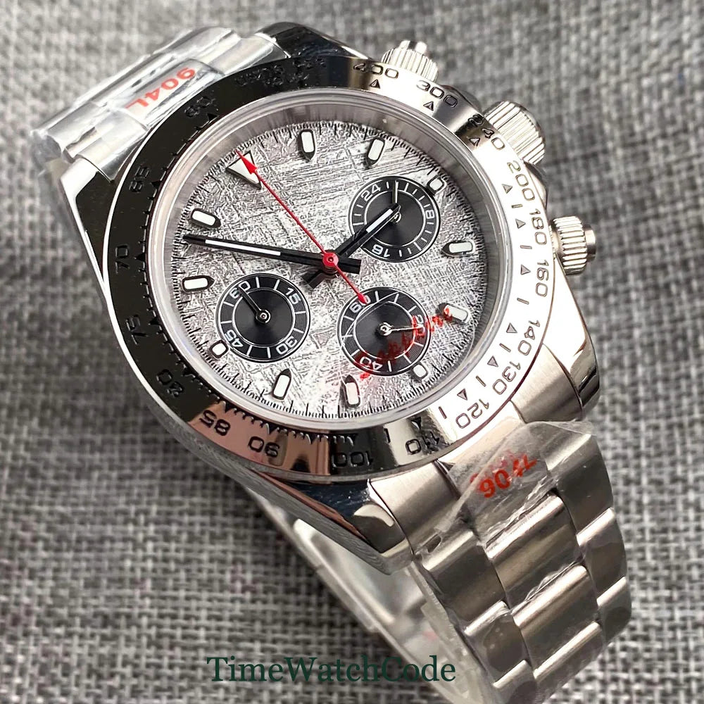Orologio cronometro Tandorio da uomo, 39 mm, movimento al quarzo VK63, quadrante grigio, vetro zaffiro, cronografo completo, bracciale in acciaio inossidabile 316L, cinturino in gomma.