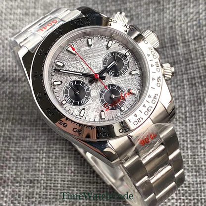 Orologio cronometro Tandorio da uomo, 39 mm, movimento al quarzo VK63, quadrante grigio, vetro zaffiro, cronografo completo, bracciale in acciaio inossidabile 316L, cinturino in gomma.