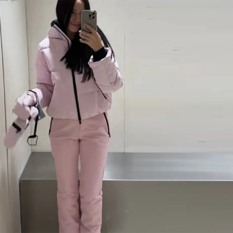 Thicken Warm Women's Skiwear Pink High Collar Hooded Cotton Padded Coats Straight Leg Zipper Pants 2025 New Winter Lady Ski Suit