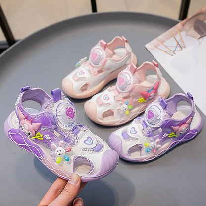 Sandali da bambina in pelle sintetica PU con stampa a cartoni animati, estivi, alla moda, con suola piatta, traspiranti e antiscivolo, rosa e viola, taglie 26-37.