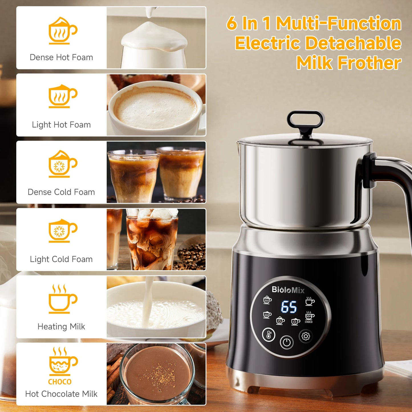 BioloMix 7 in 1 Steamer, montalatte elettrico staccabile, schiumatore automatico caldo/freddo per caffè e cioccolata calda, lavabile in lavastoviglie