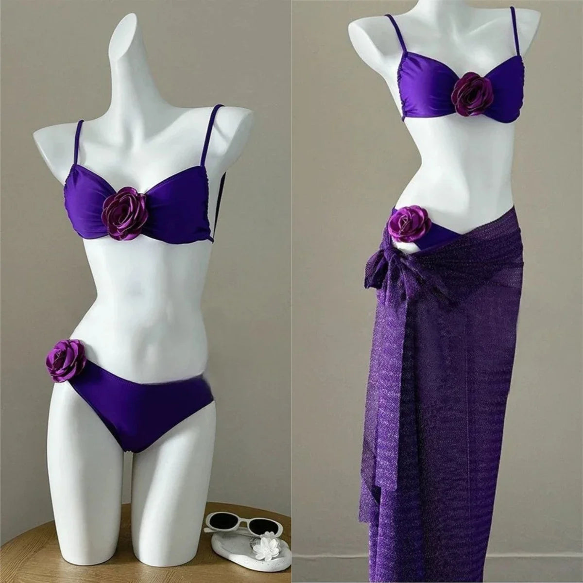2026 New High Waist Fairy Sweet 4-Piece Women's Split Bikini Set - Print Trendy Swimwear Beach Vacation Summer Party Fashion