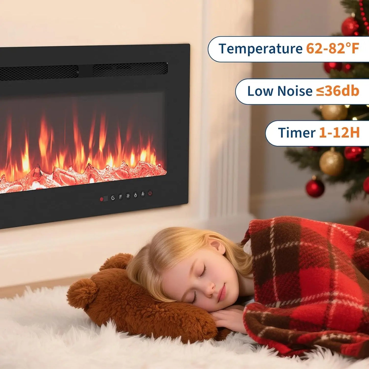 Caminetto elettrico a parete ultrapiatto con telecomando, riscaldatore da 1800 W, 12 colori, timer fino a 12 ore/vetro temperato
