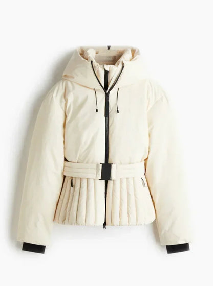 Women Solid Belted Hooded Cotton Coat Casual Full Sleeve Stand Collar Zipper Warm Short Skiwear 2026 Winter Sport Puffer Jacket
