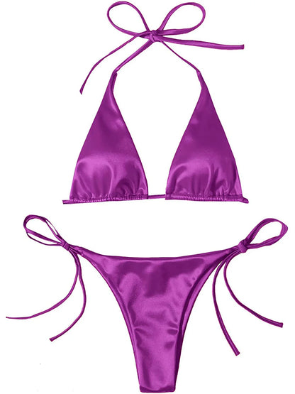 Bikini brasiliano sexy in raso con allacciatura al collo, disponibile in 13 colori, per donna. Costume da bagno a due pezzi. Set bikini da bagno K4966