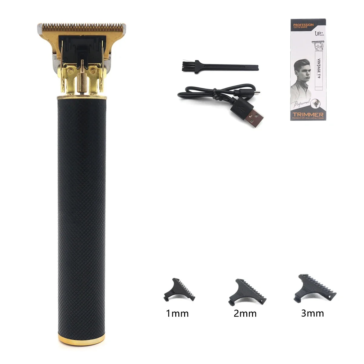 Professional T9 Hair Trimmer Stainless Steel Blade Metal Body with 9 Optional Limit Combs Cordless for Hair Beard Trimming