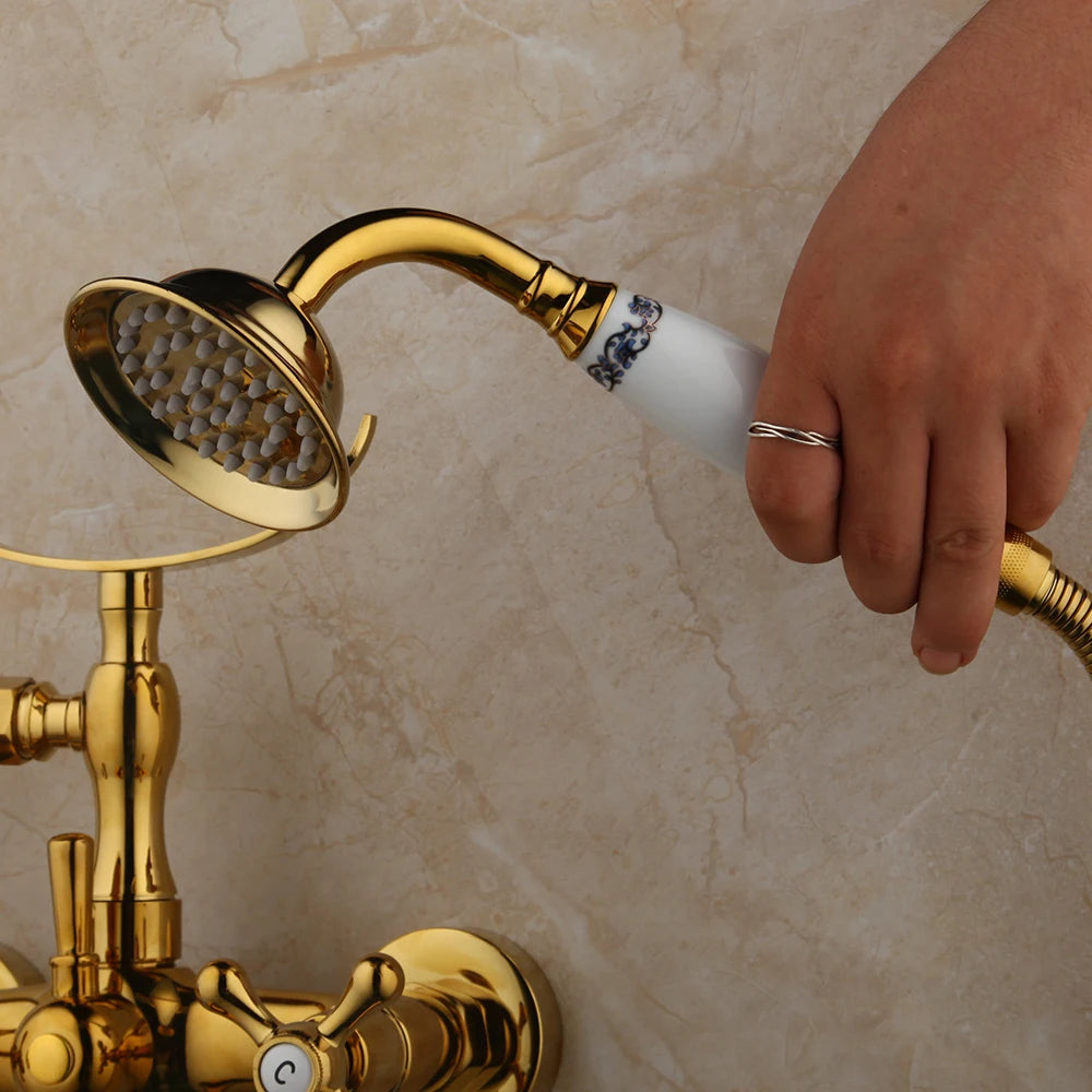 JIENI Bathtub Shower Faucet 2 Handles Telephone Style Faucets  Multiple Style Deck Mounted Hot Cold Tap W/ Handheld Showerhead