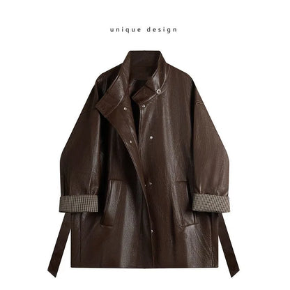 Maillard Coffee Color Design tie up Slimming Leather Jacket 2025Autumn New Loose Solid Color Outfit Korean Outerwear top Commute