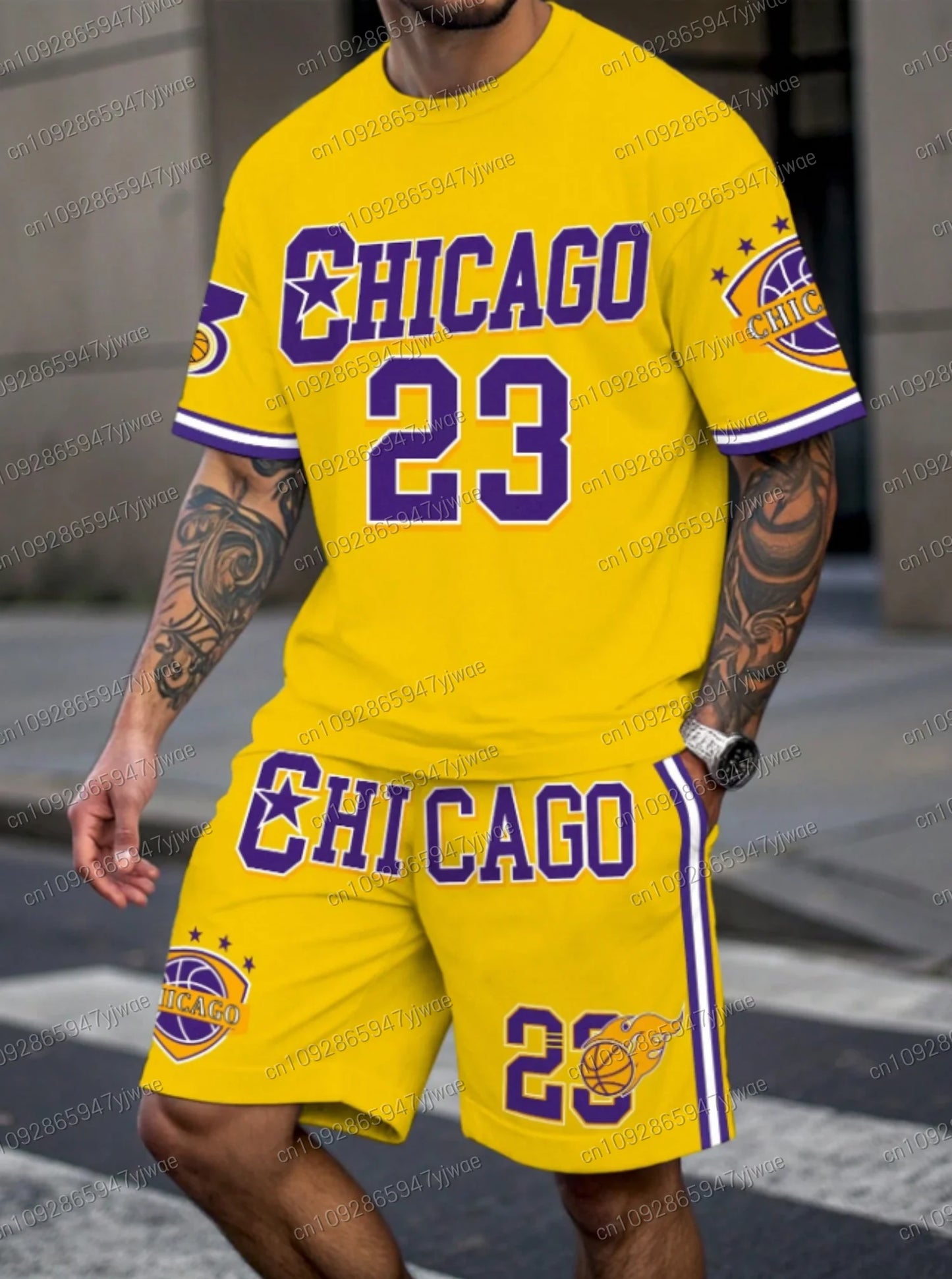 Nuovo set da uomo Chicago n. 23 con stampa, composto da maglietta a maniche corte gialla e pantaloncini, ideale per il basket e il jogging. Abbigliamento uomo.
