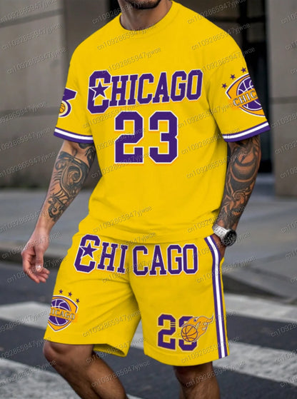Nuovo set da uomo Chicago n. 23 con stampa, composto da maglietta a maniche corte gialla e pantaloncini, ideale per il basket e il jogging. Abbigliamento uomo.
