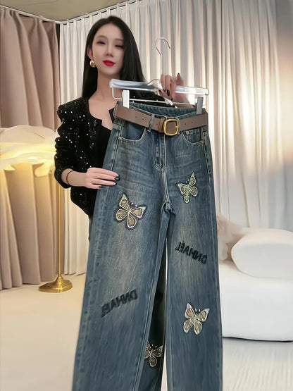 Jeans loose straight leg pants women's embroidered personalized wide leg floor pants European products