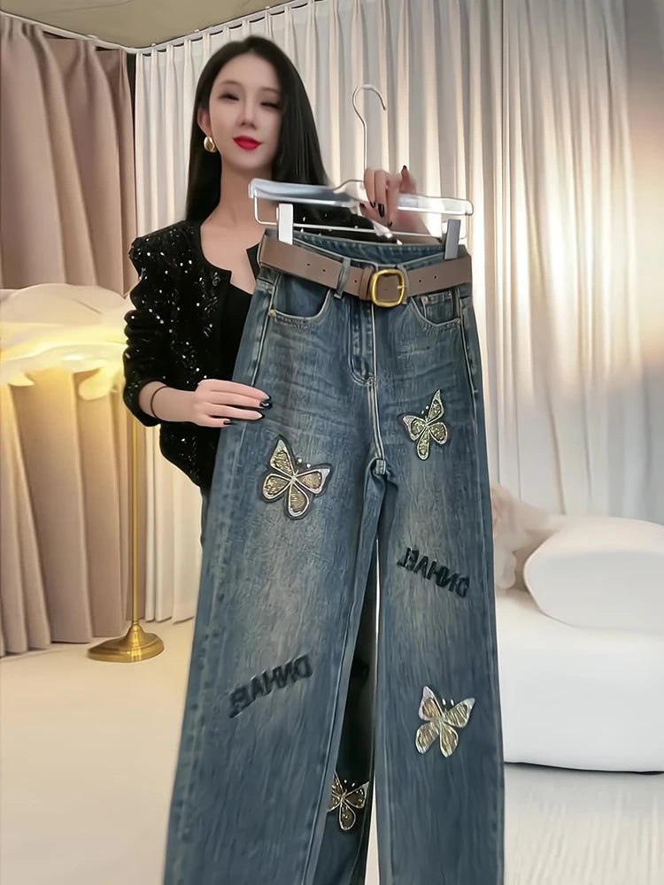 Jeans larghi a gamba dritta da donna, pantaloni a gamba larga ricamati e personalizzati, prodotti europei