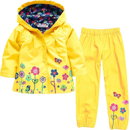 Completo impermeabile primavera/autunno per bambine, giacca antipioggia con motivo floreale + pantaloni, 2 pezzi, taglie 2 3 4 5 6 anni, abbigliamento per bambini