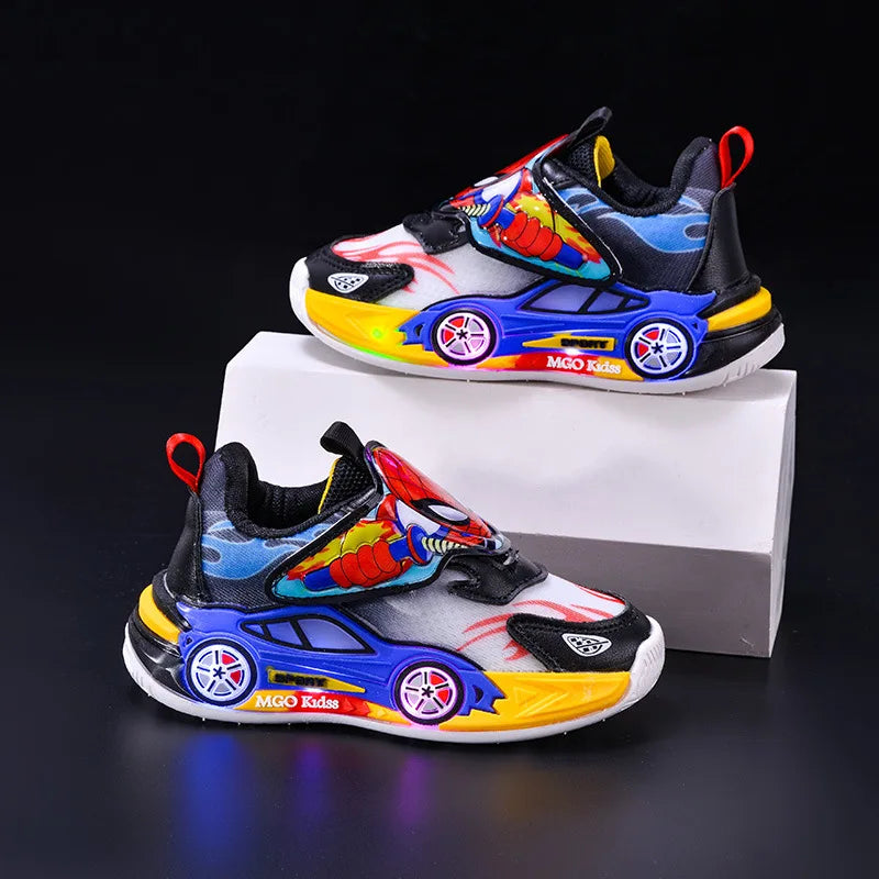 Scarpe casual per bambini con luci LED, motivo cartoni animati, in mesh, autunnali, per sport all'aria aperta, traspiranti e antiscivolo, nere e blu, taglie 21-30.