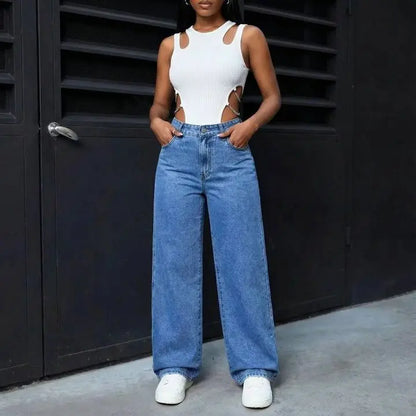 High-Waisted Straight-Leg Jeans Women's Loose Fit American Blue Washed Fashion with Front & Back Pockets for Daily Casual Wear