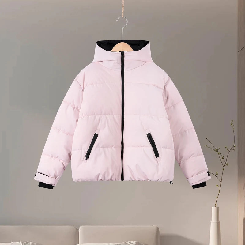 Thicken Warm Women's Skiwear Pink High Collar Hooded Cotton Padded Coats Straight Leg Zipper Pants 2025 New Winter Lady Ski Suit