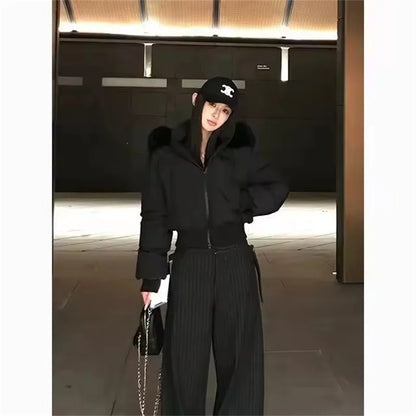 Simple Solid Short Parka Coat Fashion Winter Clothes Zipper Hooded Fur Collar Cotton Padded Coat Women Jacket Street