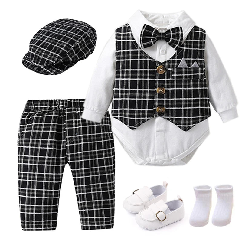 Abbigliamento da gentiluomo per neonati: gilet a quadri, cappello, pantaloni, body bianco, set da 7 pezzi per matrimonio, abito formale da boutique per neonato.