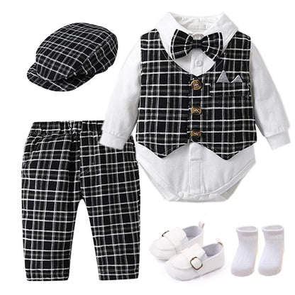 Abbigliamento da gentiluomo per neonati: gilet a quadri, cappello, pantaloni, body bianco, set da 7 pezzi per matrimonio, abito formale da boutique per neonato.
