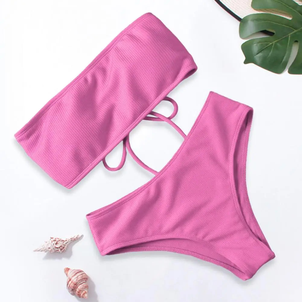 Costume da bagno da donna con imbottitura sul seno, senza ferretto, vita alta, due pezzi, fascia, slip da bagno, bikini diviso, abbigliamento da spiaggia 80%