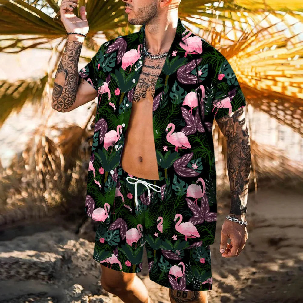 Completo da spiaggia hawaiano da uomo, 2 pezzi: camicia con stampa 3D, maniche corte, pantaloncini da spiaggia, camicia casual, set due pezzi alla moda per le vacanze.