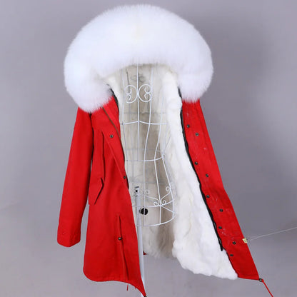 Maomaokong 2022 Giacca invernale da donna Parka lungo Impermeabile Grande pelliccia di volpe naturale vera Collo di pelliccia di procione Cappuccio Fodera in caldo coniglio