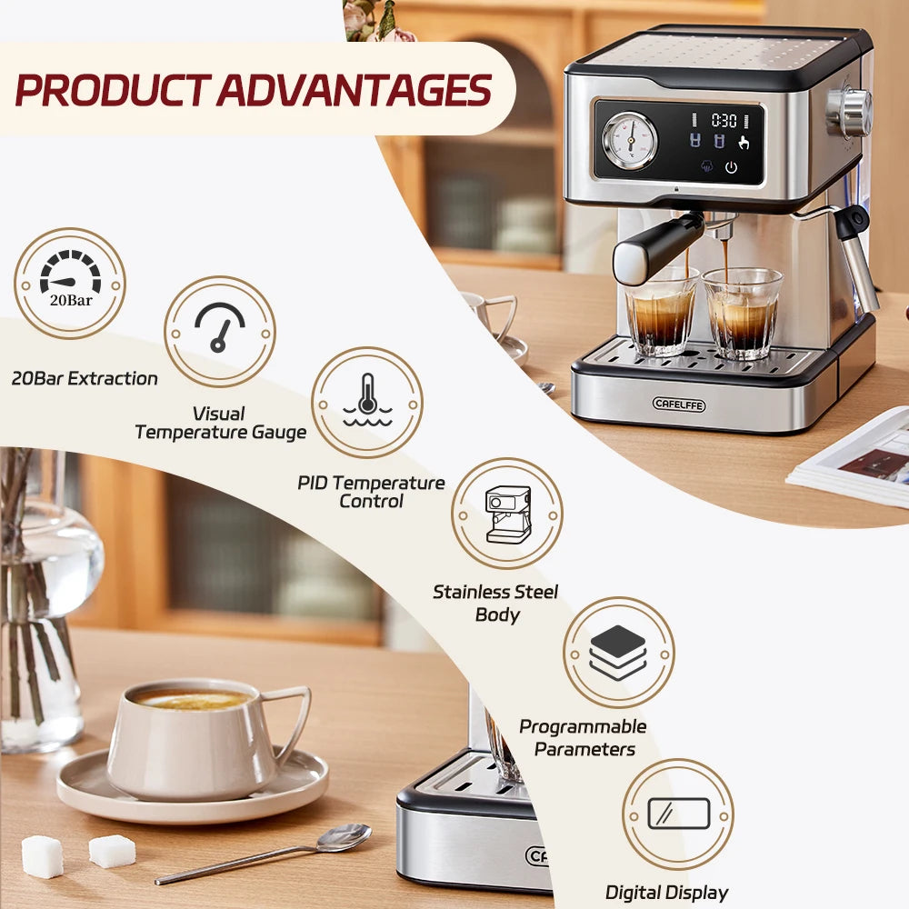 Macchina per espresso Cafelffe 20 bar, macchina per cappuccino con lancia vapore per montare il latte, macchina per caffè, caffettiera semiautomatica, regalo