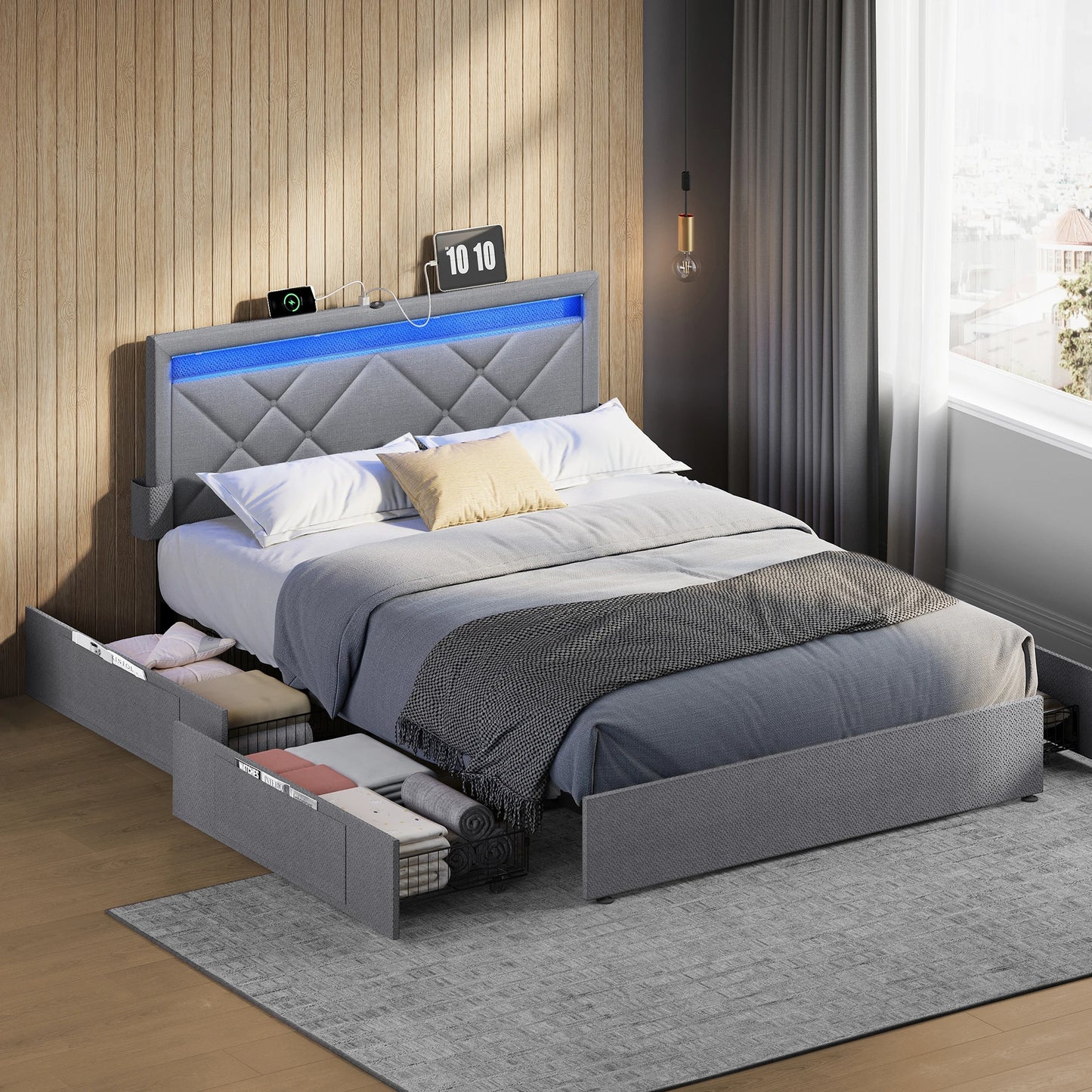 VASAGLE Letto imbottito, struttura letto matrimoniale, struttura letto, letto in metallo (LED, 4 cassetti, stazione di ricarica)