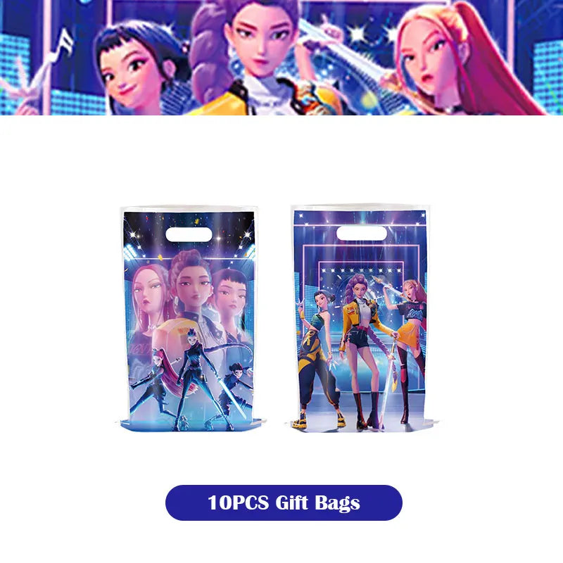 Kpop Demon Hunter Birthday Decoration Set Kpop Girl Cup Pate Happy Balloon Happy Banner Gift Bags Supplies for Kids Party Favors