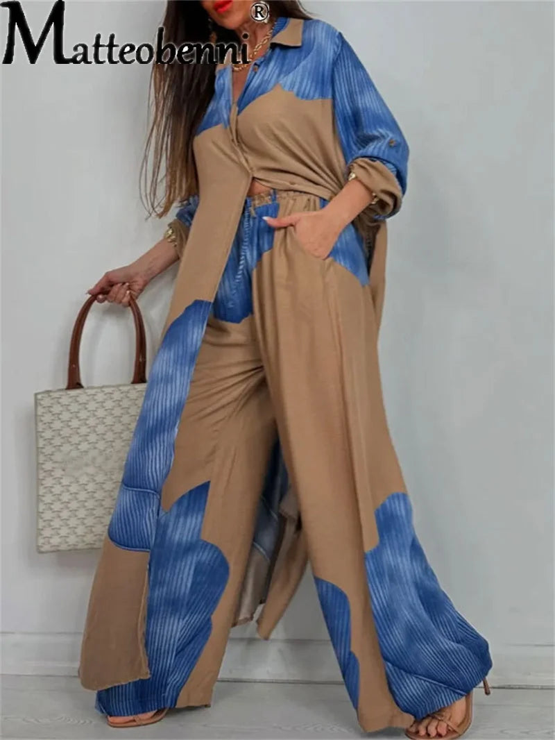 Women Autumn Fashion Casual Color Blocked Loose Shirt Top and Pants Two-piece Set Comfortable Straight Pants Female Suits 2025