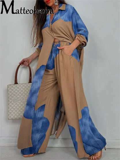 Women Autumn Fashion Casual Color Blocked Loose Shirt Top and Pants Two-piece Set Comfortable Straight Pants Female Suits 2025