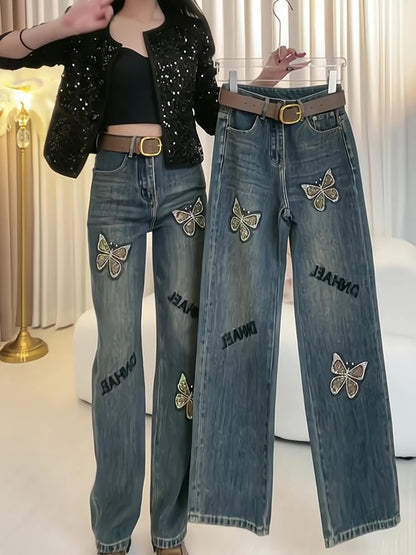 Jeans larghi a gamba dritta da donna, pantaloni a gamba larga ricamati e personalizzati, prodotti europei