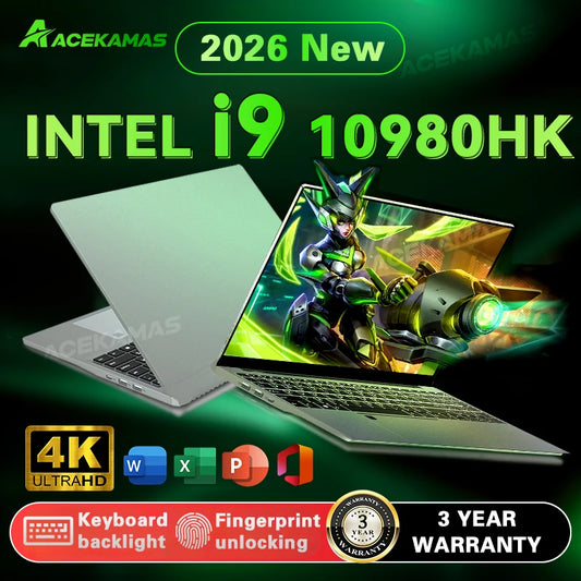 2026 ACEKAMAS Laptop da gioco da 15,6" Intel Core i9 10980HK IPS 4K Computer da gioco 16GB DDR4 1TB SSD M.2 Windows 11 Pro Notebook PC