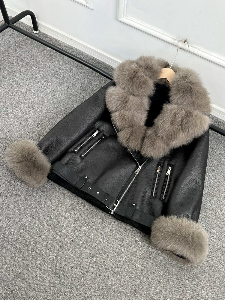 Janveny 2024 Winter Fake Leather Coat Real Natural Fox Fur Collar Cuff Women Thick Warm Large Lapel Fur Lining Leather Jacket