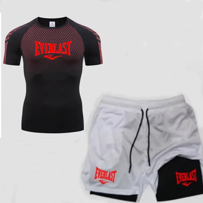 EVERLAST Maglietta a compressione da uomo + pantaloncini sportivi 2 in 1 Set 2 pezzi Tempo libero Traspirante Manica corta Sport Jogging Palestra Abbigliamento di marca Stampa